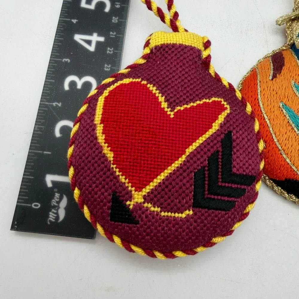 Vintage Needlepoint Heart & Abstract Embroidered Christmas Ornaments‎ Set of 2